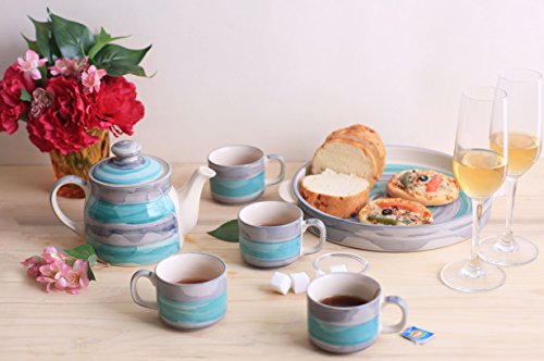 Caffeine Ceramic Handpainted Sea Green & Grey Tea Tray Set (6 pc)