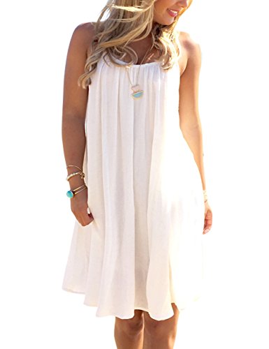 Damen Strandkleid Minikleid Oberteile ärmellos rückenfrei Sling Blumen bedruckt Neckholder Cover Up Frauen Sommerkleid Partykleid Freizeitkleid Trägerkleid Weiß