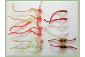 TROUTFLIESUK Worm Fishing Flies, 18 Squirmy & Squiggly Worm Trout Flies, Size 10. Fly Fishing