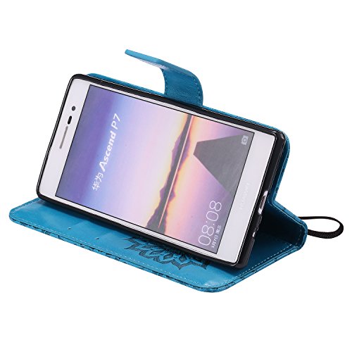 Ascend P7 Hülle,Huawei P7 Hülle,Huawei Ascend P7 Hülle,Huawei Ascend P7 Leder Wallet Tasche Brieftasche Schutzhülle,Cozy Hut® Prägung Sunflower Muster PU Lederhülle Flip Hülle im Bookstyle Cover Schale Stand Ständer Etui Karten Slot Schutzhülle Blue Tasche Wallet Case für Huawei Ascend P7 (5,0 Zoll) – blau - 5