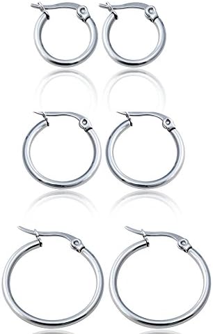 Classic Round Women Hoop Earrings Surgical Stainless Steel Hypoallergenic,Silver Tone