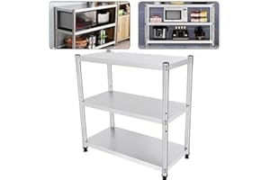 RIBASUBB Mesa de Cocina de Acero Inoxidable, 80 x 80 x 40 cm, de Trabajo Con 3 Baldas, para Gastronomía, Estante de Carga de 50 kg