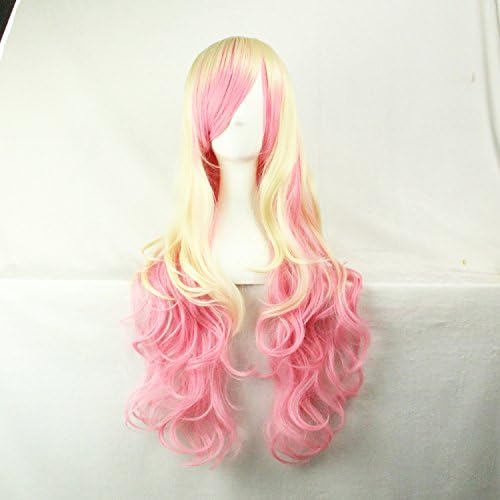 Womens Ladies Girls 70cm Curly Hair Beige Gradient Pink Color Long High Quality Hair Carve Cosplay Costume Anime Party Bangs Full Sexy Wigs