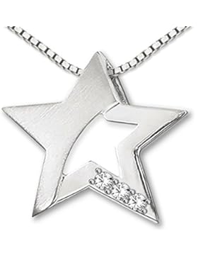 CLEVER SCHMUCK-SET Silberner Anhänger Stern 15 mm seidenmatt und glänzend mit 3 Zirkonias offene Form und Kette...