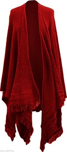Long Ribbed Cape Poncho Red, Black, Beige, Lt Grey, Charcoal, Purple (Red)