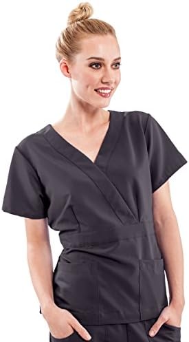 ave Scrubs Park ave Women's Scrub Top, Slimming Mock Wrap with Crossover Neckline, Charcoal, X-Small