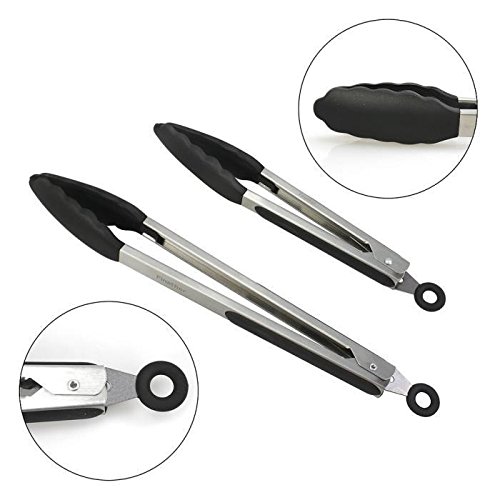 Ploopy Silikon Küchenzange, Edelstahl Silikon Zange, 2er Set Küchenzange, Perfekter küchenhelfer zum kochen, Grill, Aufback-Brötchen und vieles mehr ( 9’’+12’’ Schwarz ) - 2