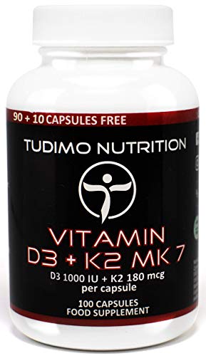 ? Vitamine D3+K2 MK7 ? 1000 IU / 180 mcq - 100 pcs (3+ mois) de Capsules à désintégration rapide avec Vit K2 de première qualité comme la Menaquinone et Vit D3 comme la poudre de Cholecalciferol