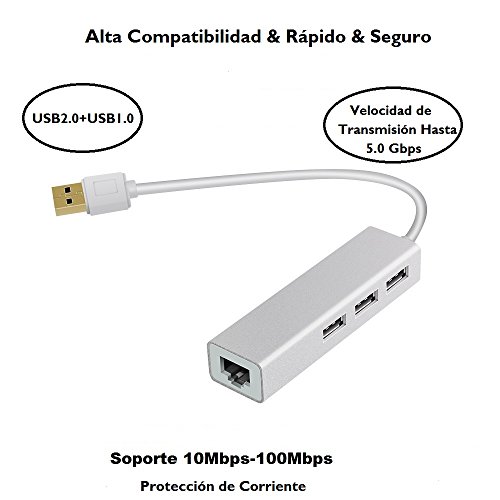 VersionTECH  Hubs USB 3 0 con RJ45 Adaptador Ethernet de Red Network de 10 100M Fast Ethernet LAN para Macbook  Chromebook  Windows 10  8 1 8  7  XP  Vista  Mac OS X 10 11 Surface Pro  Wii  Wii U  Linux  Plata 