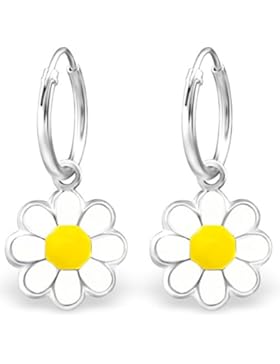 JAYARE Kinder-Creolen Gänseblümchen 925 Sterling Silber Emaille 22 x 10 mm weiß gelb Ohrringe