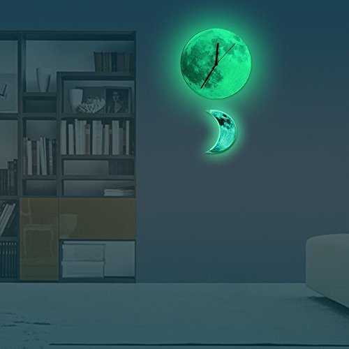 HYSENM Mond leuchtende ruhige nicht-tickende lautlose Pendeluhr Wanduhr mit Pendel im Dunkel leuchtend geeignet für Kinderzimmer Schlafzimmer aus Acryl, Durchmesser 30cm Mondsichel mit Druck - 2