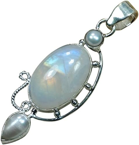 CZgem Rainbow Moonstone Pendant Gemstone Pearl Handmade 925 Sterling Silver 2" D1402