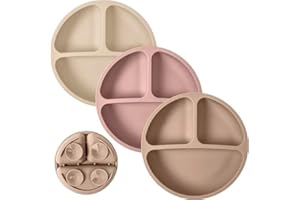BEBECALIN Baby Suction Plate Set of 3 - Non Slip Baby Plate, Divided Plates for Toddlers and Kids Childrens, BPA-Free Unbreakable Plates (Light Pink/Cream/Khaki)