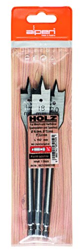 alpen Flachfräsbohrer Holz, 1/4 Zoll Sechskant-Schaft, Durchmesser 16/18/20 mm als 3-teiliger Satz in der Plastiktasche, 23700003100