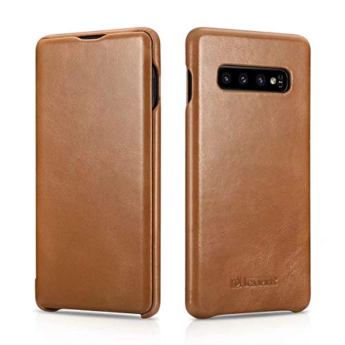 Icarer Galaxy S10 Case, Icarercase [ Curved Vintage Series] Genuine Leather Case Folio Flip Cover [Ultra Slim] with Magnetic for Samsung Galaxy S10 (S10, Light Brown)
