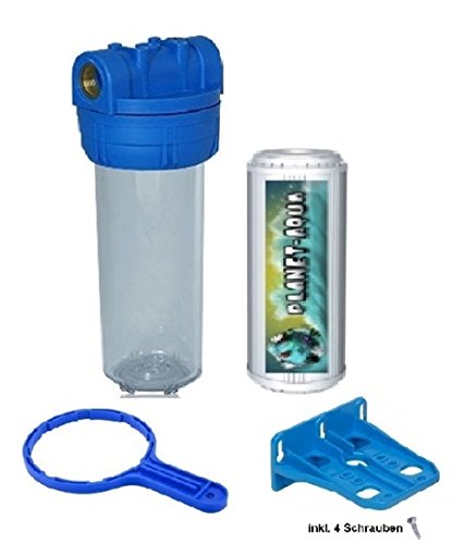 Filtergehäuse SET 10 Zoll mit 1/2" Wasseranschluß / Gewinde + KALKFILTER , GEHÄUSE - SCHLÜSSEL und WANDHALTER als Wasser Vorfilter für Wasserfilter , Umkehrosmose Filter Anlage Hauswasserwerk Brunnenwasser Filter Garten Pool