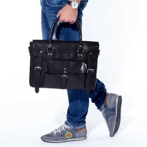 FEYNSINN Laptoptasche PHOENIX – Umhängetasche fit für 15.4″“ mit Extra-Abtrennung- Businesstasche im Vintage-Look – echt Leder schwarz - 5