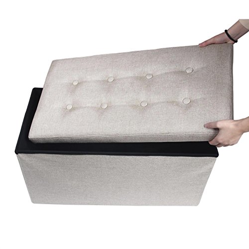 Sitzbank Sitzhocker Hocker Truhe Aufbewahrungsbox CAMILA, Leinenoptik in natur / beige, faltbar mit Deckel - 3