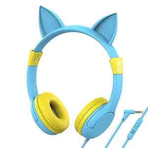 iClever Kids Headphones with Mic, Cat Ear Wired Headphone for Children on Ear Headset, Adjustable 85/94dB Volume Control, Headsets with Mic for Kindle/Tablet Yellow