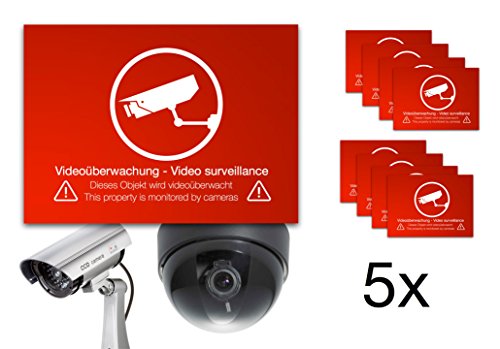 Videoüberwachung-Aufkleber – Rot, Selbstklebend, 9x9 Cm, Kratz- Und Wetterfest Für Draußen