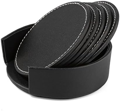 Vicoki Cup Mat Heat-resistant Coasters Waterproof Coffee Tea Drink Cup Placemat, Set of 6cps with a Base Box for Storage PU Leather Round Shape((Color:Black)