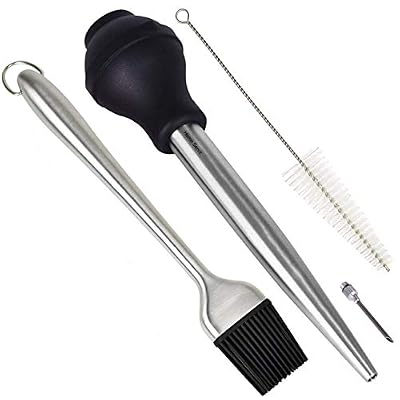 Home Servz Acier inoxydable 18/8 Turquie Poires à sauce Seringue-Injecteur Aiguille avec brosse de nettoyage-30,5 cm Poignée en acier inoxydable Silicone BBQ badigeonner Brosse