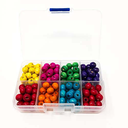 Assorted Bright Wooden Beads In Organizer Box. Approx 200. Size-8mm. Hole-3mm