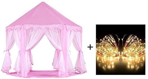 Kids Fairy Princess Castle Tents Hexagon Girls Playhouse Indoor Extra Large Fun Room (USB Copper Wire Lights)