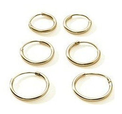 Silverline Jewelry - Set con 3 coppie di orecchini ad anello, piccoli, in argento Sterling placcato oro, per orecchie, cartilagine, naso e labbro, diametri 10, 12 e 14 mm