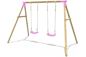 Rebo® Children's Wooden Garden Swing Set - Venus Pink | OutdoorToys | Pressure Treated Timber, Soft Feel Ropes, Two Green Swing Seats, Sturdy Construction for Kids
