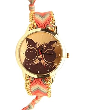 Damen Armbanduhr Stoffarmband Goldkettchen Katze mit Sonnenbrille Hipster Analog Quarz gold pink
