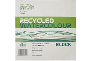 Seawhite Of Brighton Watercolour Recycled Paper Block - 20 x 20 cm - 12 Sheets - 300gsm - GLUED ON 4 Edges - Acid Free - White