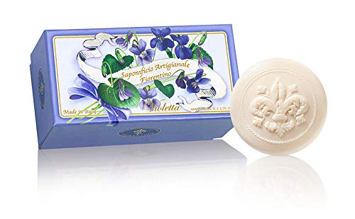 Jabón Vegetal de violetas, pack regalo 6 pastillas de 50 g, Jabón italiano hecho a mano de Fiorentino, con relieve decorativo
