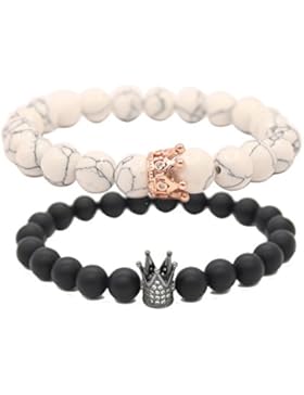 UEUC paar Bracelets mit CZ Crown King & Queen seinen schwarzen Matten Achat & White Howlite