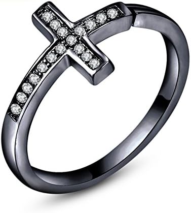 FJYOURIA Women's Adjustable Size Cross Shape Open Ring with Cubic Zirconia Ring Rose Gold/Platinum/Gold/Black Plated (Black Plated)
