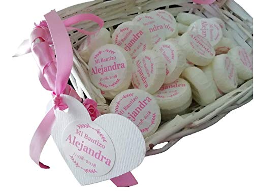 Cesto rosa con 50 jaboncitos personalizados para Bautizo o Comunión