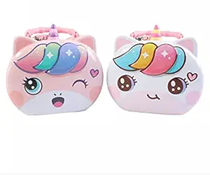 Ds PARADISE Cute Cartoon Unicorn Printed Metal Coin Bank Piggy Bank for Kids with Lock and Key Coin Bank (1 Random Design)