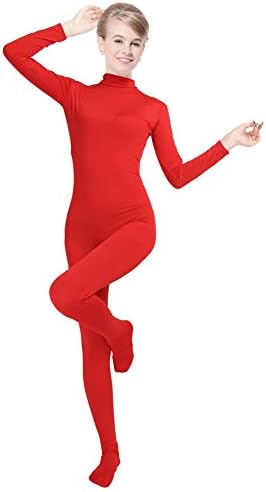 Unisex Lycra Spandex Unitard Mock Neck Long Sleeves Full Foot Elastane Bodysuit Costume (Red, XXL)