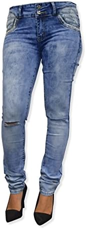 Kirkwood Of Scotland Womens Ripped Knee Cut Jeans Faded Slim FIT Ladies Skinny Denim Sizes 6 to 20 (UK 14, Knee Cut Lace Diamante Pockets (yg05))