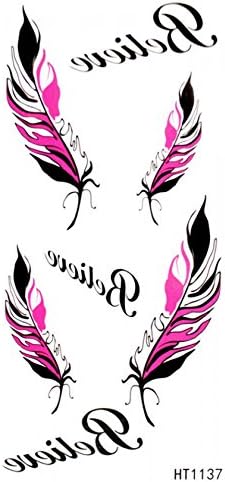Realistic tattoo new product tattoo size: 4.92"x2.56" English words BELIEVE and black and pink feathers