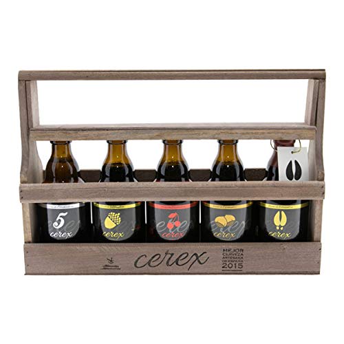 CEREX- Pack Degustación de 5 Cervezas Artesanas Españolas con caja regalo de presentación en madera - Cerveza de Cereza, Castaña, Ibérica de Bellota, Pilsen y Andares