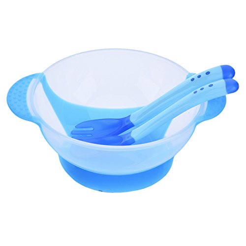 Greencolourful Practical Baby Suction Bowl Children Feeding Bowl with Sucker Bottom and Heat Sensing Feeding Spoons and a Fork(Blue)