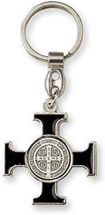rosarybeads4u Saint St Benedict Key Ring Chain Black Enamel Silver Metal Metal 3.5" Presentation Pack