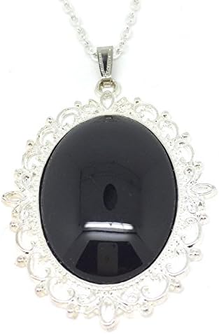 Chain + Pendant with 40 x 30 mm Cabochon Onyx Black Glass Silver Style from My World Glitter