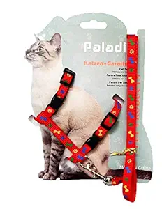 Picckola International (New - Printed, Red) Cat Adjustable Nylon Harness Strap Collar with Leash Set Small Pet Walking