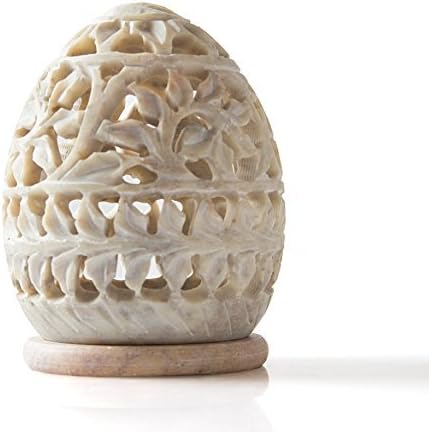 StarZebra Novelty Item - Soapstone Tealight Candle Holder Egg Shaped with Intricate Tendril Openwork and Floral Pattern