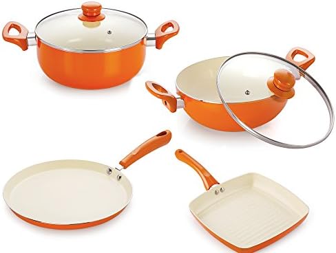 Nirlon Ceramic Coating Non-Stick Cooktop Cookware Combo Set with Tempered Glass Lid | Flat Tawa 26Cm | Deep Kadhai 2.4Ltr |
