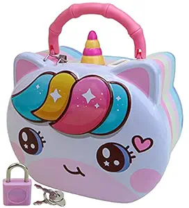 Toyshine Unicorn Money Safe Piggy Bank with Lock, Savings Bank for Kids, Made of Tin Metal - Multi-Color - Smily Model