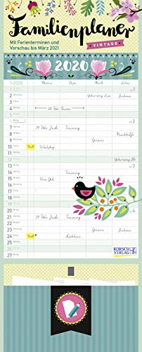 Familienplaner Vintage Zettel 2020: Familienkalender, 4 große Spalten. Familientimer mit Ferienterminen, extra Spalte, Vorschau für 2021, Stifthalter und Zetteltasche. Format: 19 x 47 cm