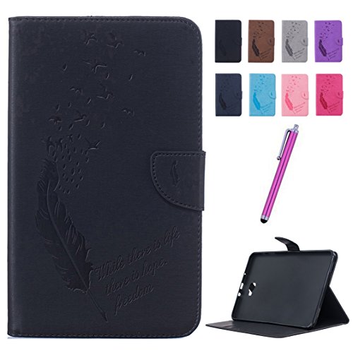 Romtronic Lederhülle Leder Tasche Case Cover für Samsung Galaxy Tab A 10.1 2016 (SM-T580 SM-T585) Hülle PU Schutz Etui Schale Feather Muster Design Backcover Flip Cover Wallet Case mit Standfunktion Karteneinschub und Magnetverschluß (schwarz)